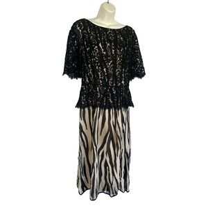 NEW St. John Silk Lace Tiger Peplum Dress Black Tan Short Sleeve Midi Women's 4